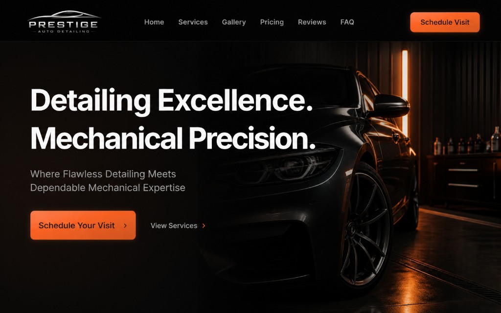 Automotive concept hero banner: detailing site with headline and call to action (demonstration graphic, not a real client project).