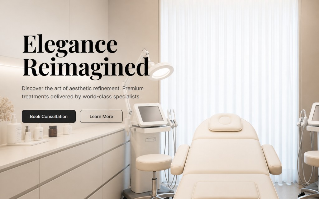 Beauty clinic concept hero banner: treatment room with headline and call to action (demonstration graphic, not a real client project).