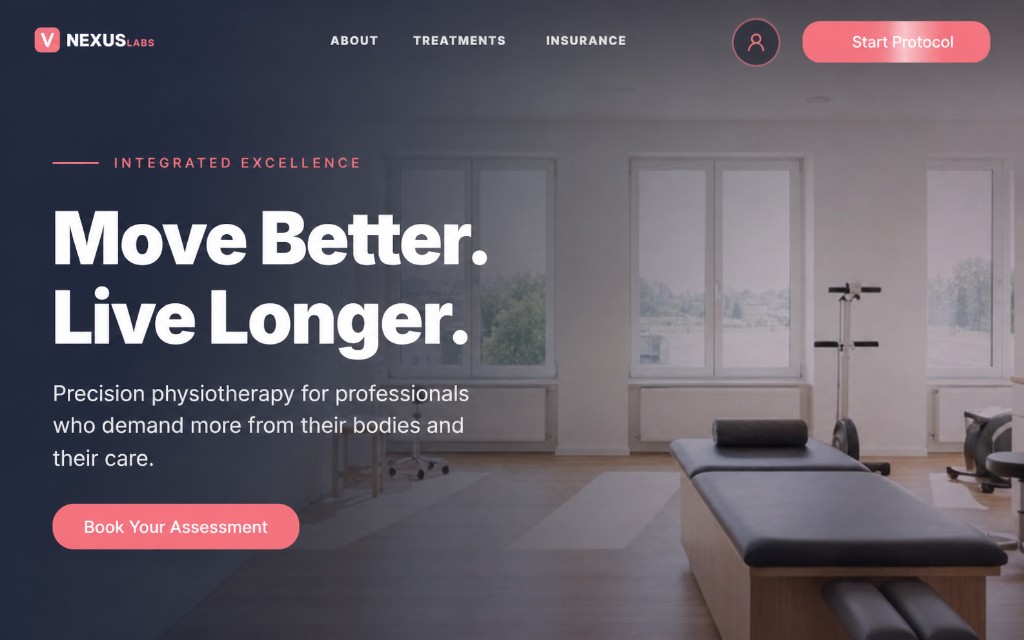 Physiotherapy concept hero: clinic interior with navigation, headline, and call to action (demonstration graphic, not a real client project).